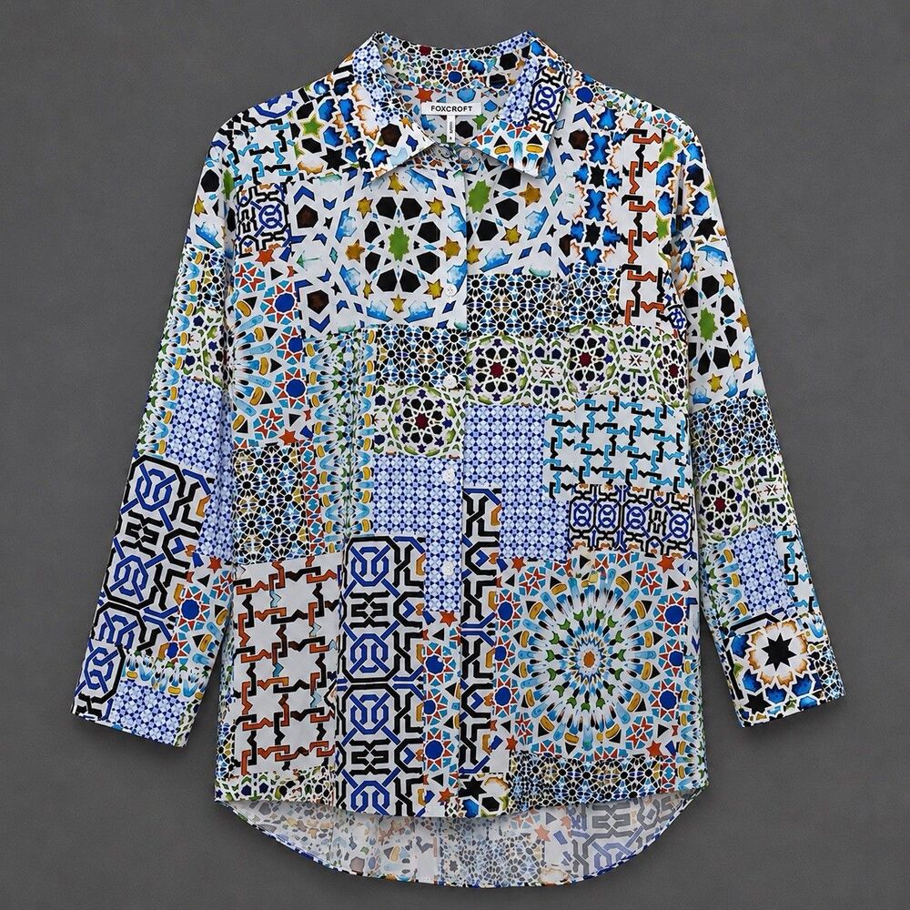 Foxcroft Shirt Women's Medium Multicolor Mosaic 3/4 Sleeve Button Tunic Top NWOT